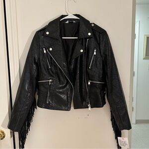 ASOS Discontinued Miss Selfridge Black Faux Leather Fringe Jacket